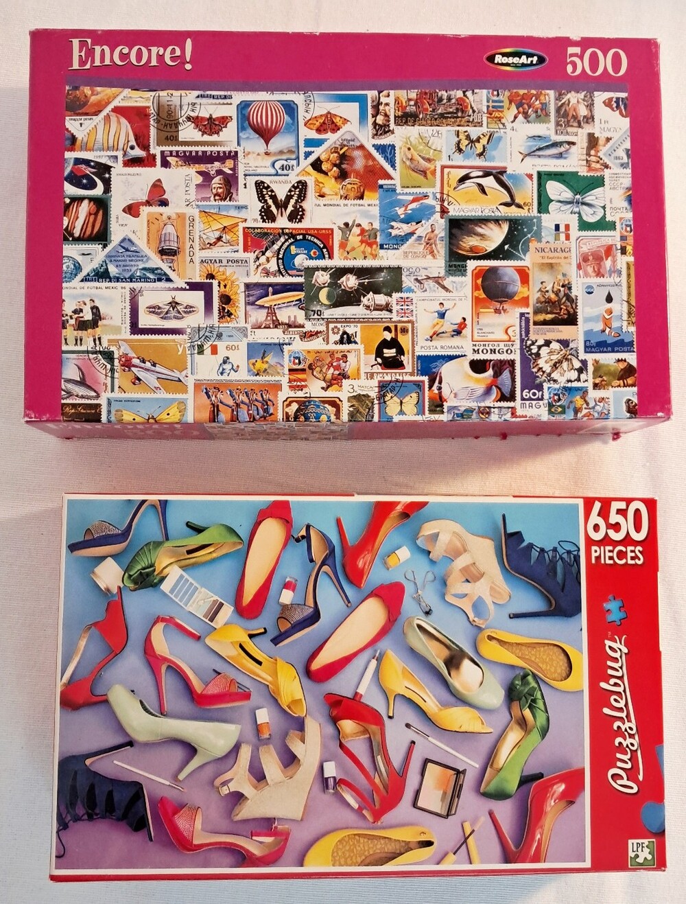 2 Jigsaw Puzzles: Shoes and World Stamps, Colorful, tiny pieces, 500 & 650 piece